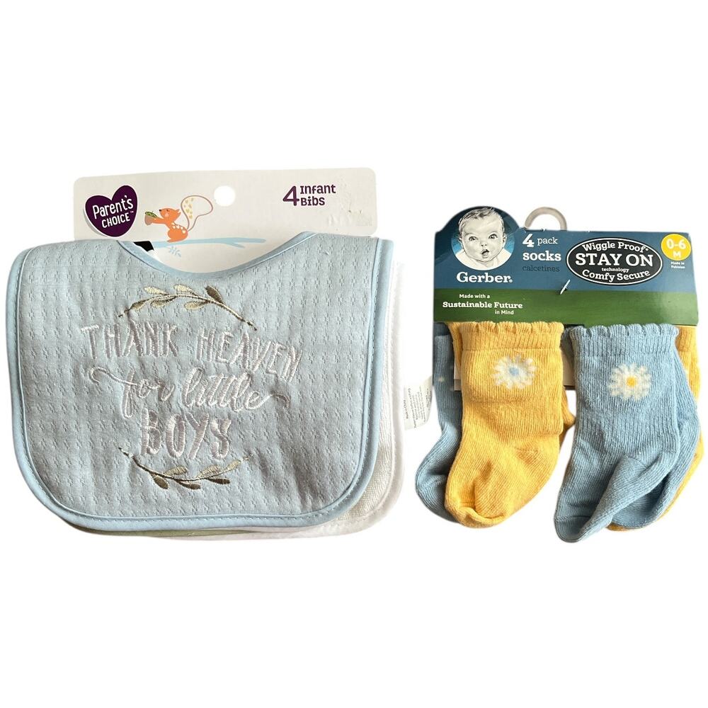 Lot 2 Parent's Choice 4-piece Bibs + Gerber Stay On Socks, 0-6 months